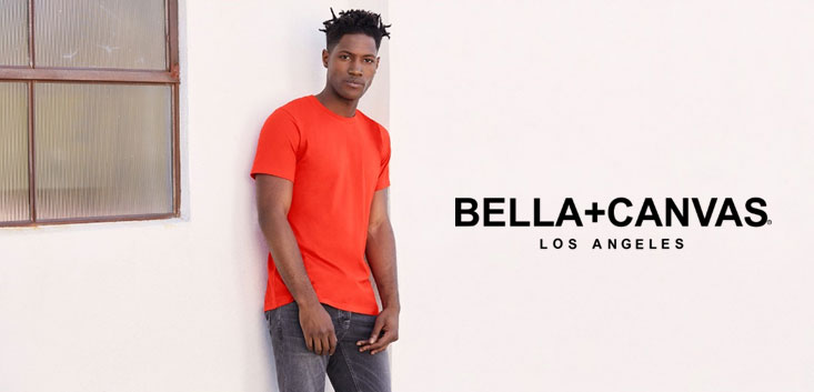 Merch Outfitters - Example Image of Branded Corporate Goods & Branding Items - Bella+Canvas logo and male model wearing tee shirt