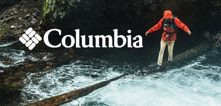 Merch Outfitters - Example Image of Branded Corporate Goods & Branding Items - Columbia logo plus person in jacket crossing river