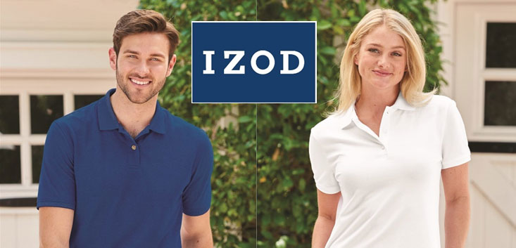 Merch Outfitters - Example Image of Branded Corporate Goods & Branding Items - Izod logo and man and woman wearing polo shirts