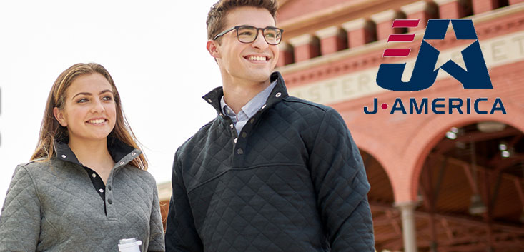 Merch Outfitters - Example Image of Branded Corporate Goods & Branding Items - J America logo and man and woman in casual clothes outside