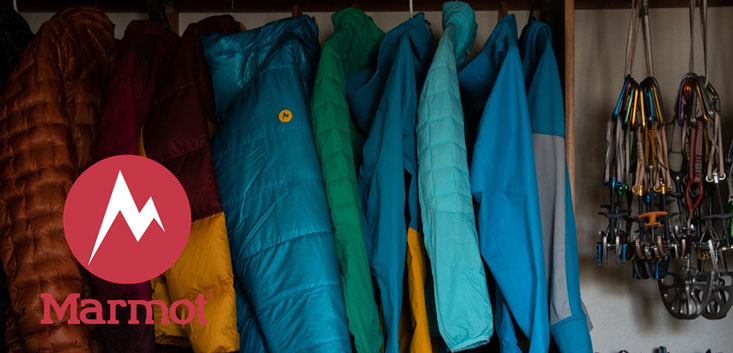 Marmot logo and closet with ski jackets