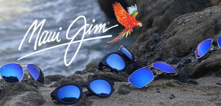 Merch Outfitters - Example Image of Branded Corporate Goods & Branding Items - Maui Jim logo and sunglasses on the rocks along the water