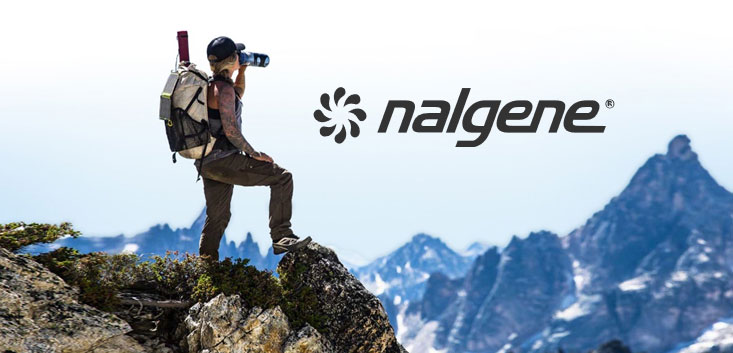 Merch Outfitters - Example Image of Branded Corporate Goods & Branding Items - Nalgene logo plus man atop mountain
