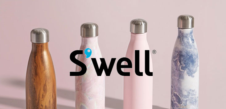 Merch Outfitters - Example Image of Branded Corporate Goods & Branding Items - Swell logo and 4 colorful water bottles in a row