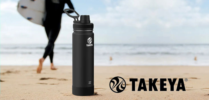 Merch Outfitters - Example Image of Branded Corporate Goods & Branding Items - Takeya logo and water bottle on beach