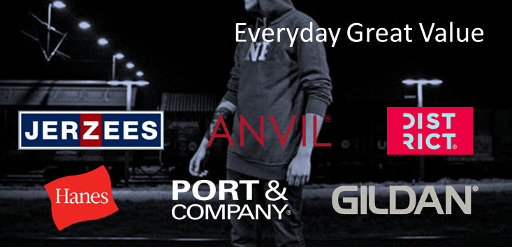 Merch Outfitters - Example Image of Branded Corporate Goods & Branding Items - Man in tee in street scene image overlaid with Jerzees, Anvil, District, Hanes, Port & Company and Gildan logos