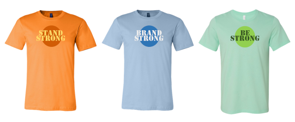 3 printed colored tee shirts in a row