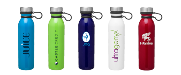 4 logo printed colored water bottles in a row