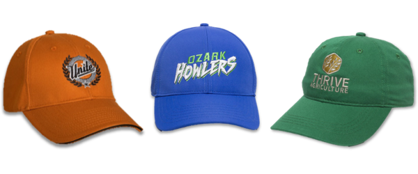 3 embroidered baseball hats in a row