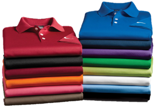 Merch Outfitters - Example Image of Custom Apparel & Customized Polo - stack of multicolored polo shirts